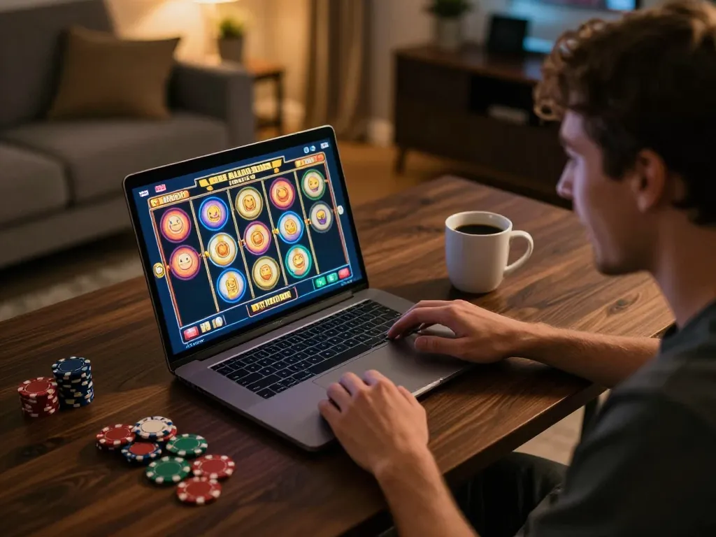Player engaged with dinamit4d slots on laptop, a vibrant home gaming setup with chips and coffee.