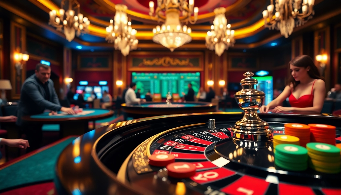 Begeisterte Spieler am Roulette Tisch beim casino spielen in einem eleganten Casino.