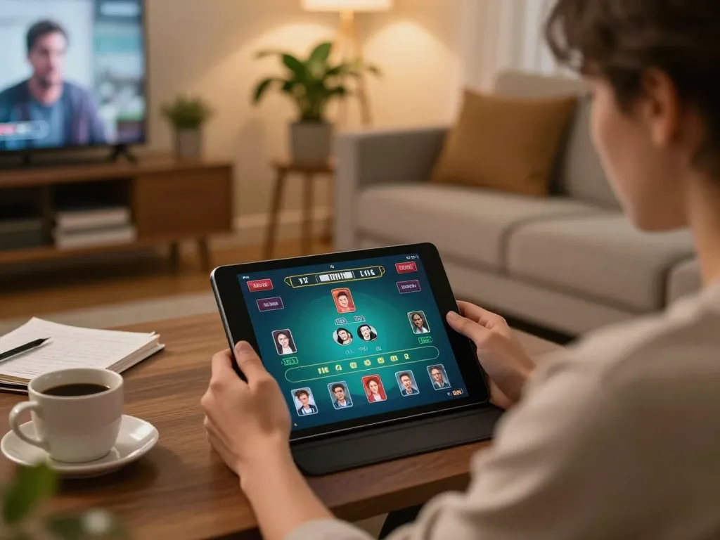 Person gaming online at https://rr88co.net/using tablet for live dealer action in a cozy atmosphere.