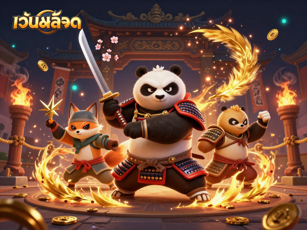 Engage in เว็บสล็อต action with a samurai panda and ninja fox amidst dynamic casino elements.