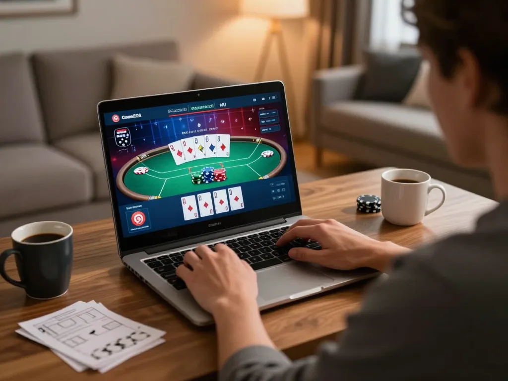 Engaged player using a laptop to explore non gamstop casinos in a cozy home setting with gaming strategy notes.