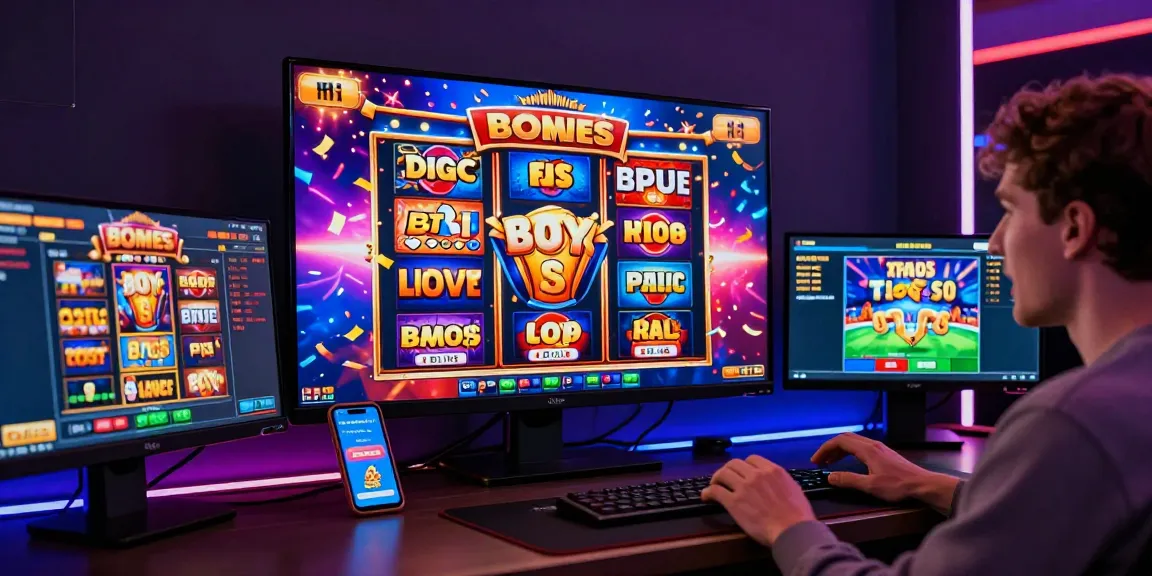 Player engaging with exciting bonus buy slots UK game on dual monitors during a thrilling gaming session.