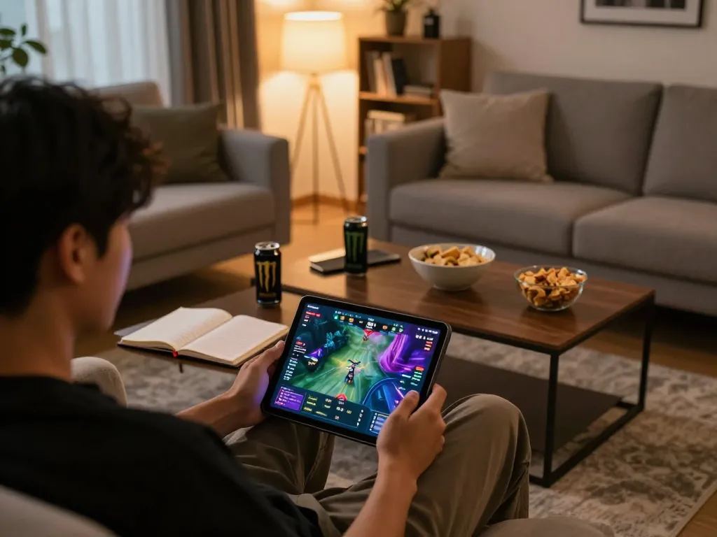 Engaging in esports betting singapore on a tablet in a stylish living room, surrounded by strategy notes and snacks.