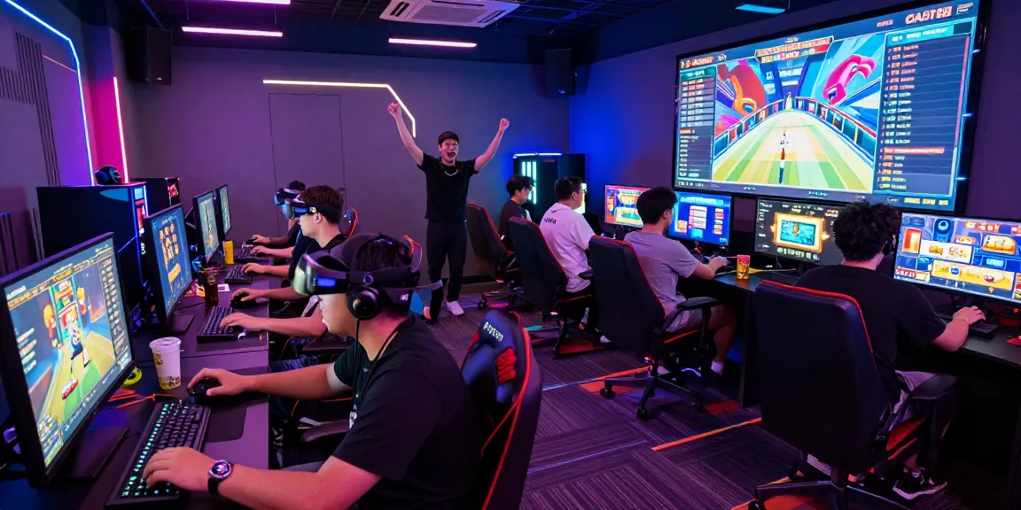 Group enjoying osaka88 slot games in a vibrant gaming lounge with high-tech setup.