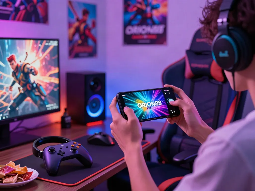 Engaging gaming moment with ORION88 apk on Android, vibrant atmosphere and accessories enhance user experience.