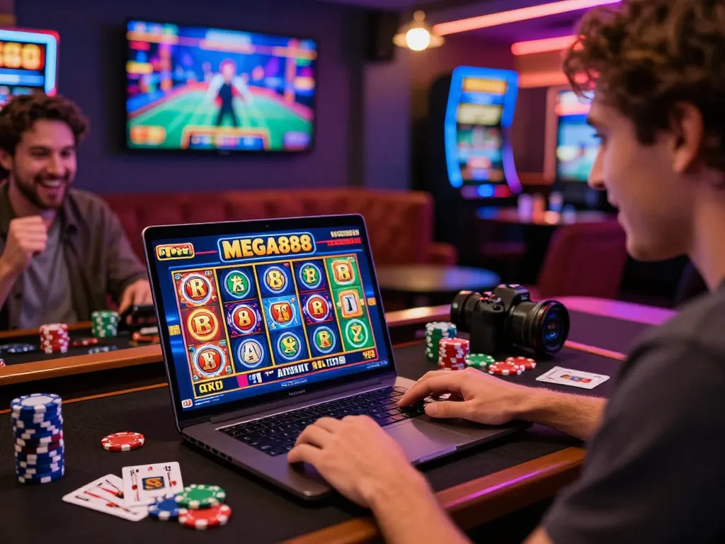Engaging scene of a player enjoying MEGA888 online casino gaming with vibrant graphics and neon lights.