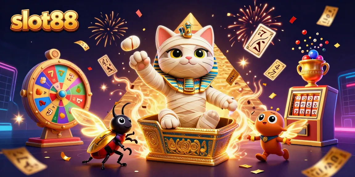 Slot88 menampilkan kucing mumia 3D yang keluar dari sarkofagus emas di kasino piramida yang disertai bola lotre berwarna-warni.