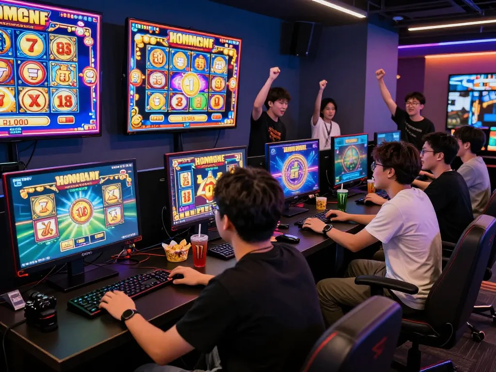 Pengalaman ruang permainan yang mengasyikkan menampilkan link gacor dengan teman-teman menikmati permainan slot
