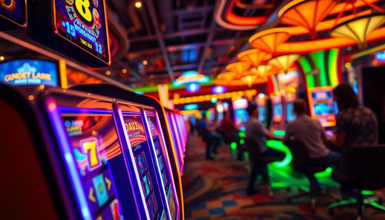 Experience the thrilling y3娛樂 atmosphere with players engaging at vibrant casino slot machines.