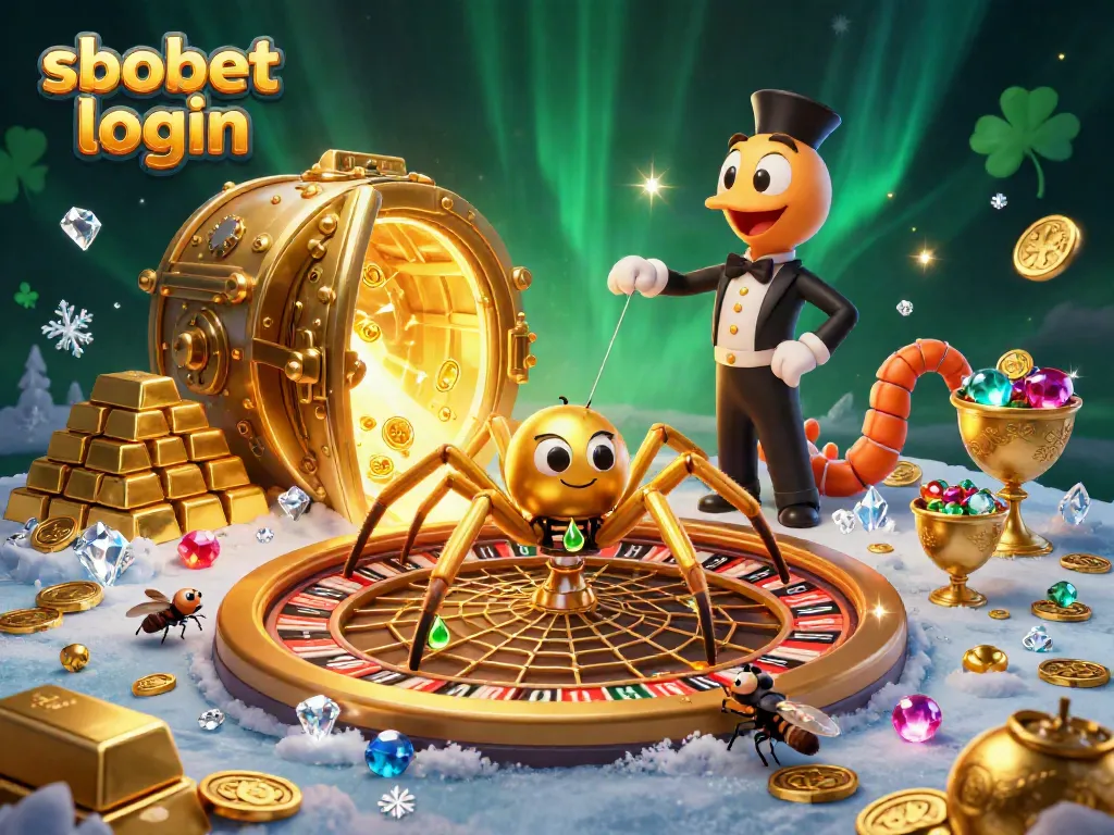 Engage in sbobet login with a vibrant casino scene featuring a spider and a croupier.