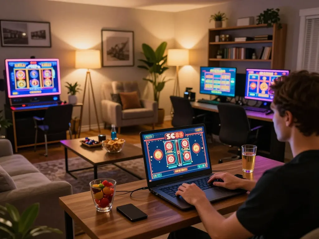 SC88 online gambler engaging in gameplay with vibrant interface on laptop in a cozy setting