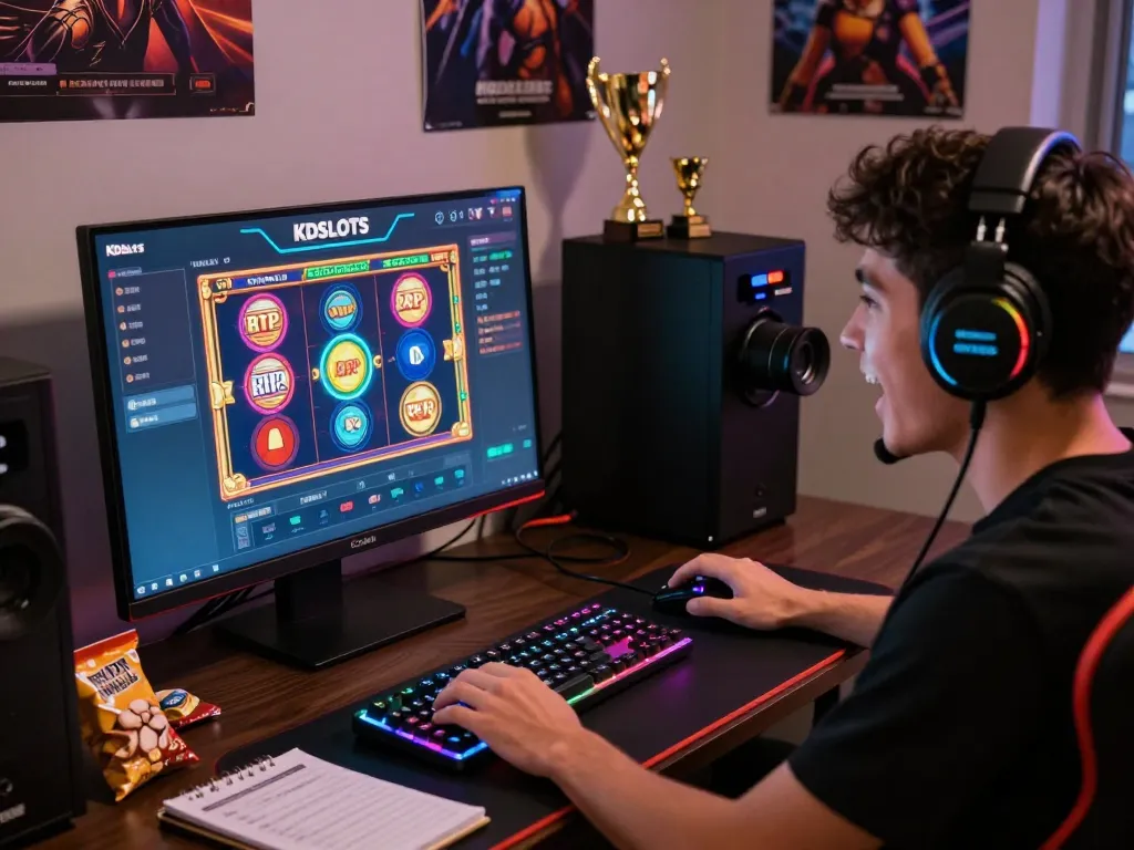 Player enjoying KDSLOT online slots with vibrant games on desktop setup, energetic gaming atmosphere.