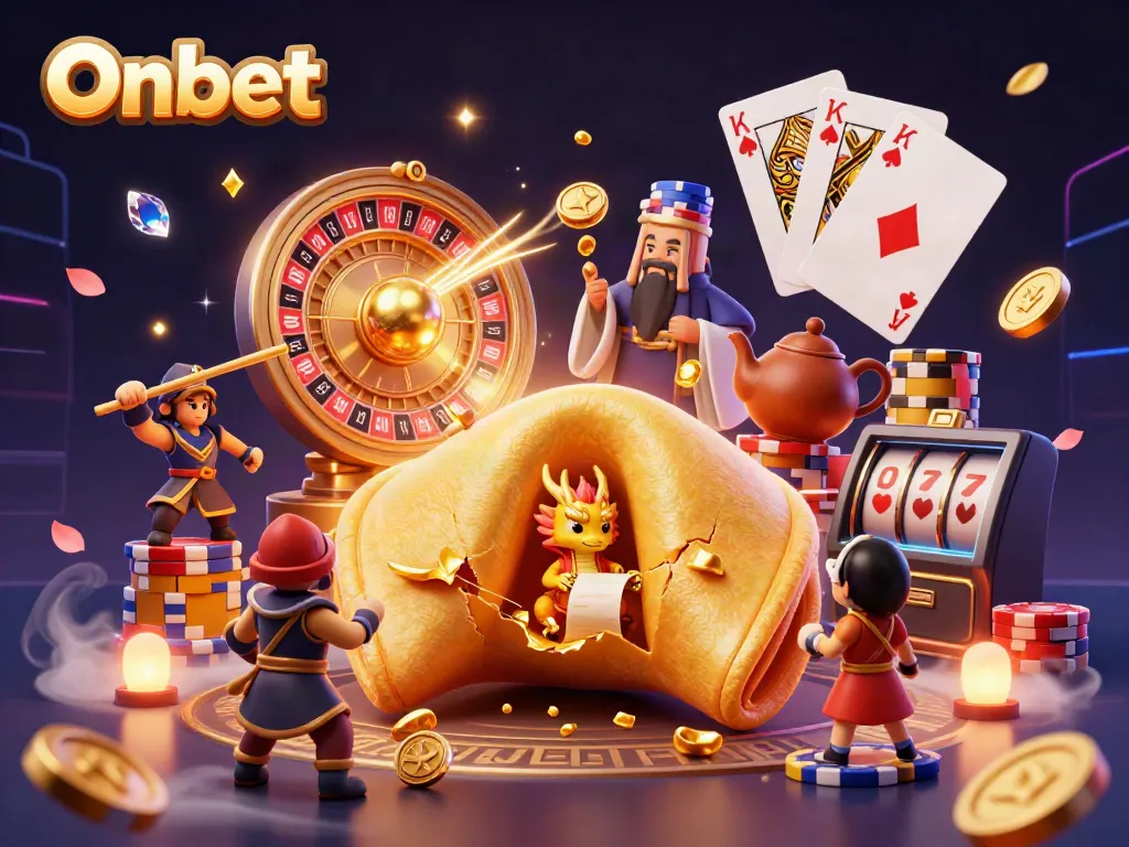 Onbet brings luck with a golden fortune cookie, tiny dragon, and casino elements in a vibrant scene.