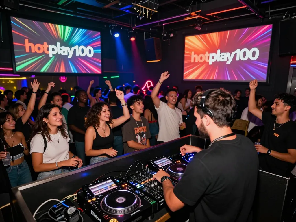 Suasana malam yang menggembirakan menampilkan pertunjukan DJ di sebuah klub dengan judul hotplay100 dalam cahaya yang cerah dan kerumunan yang menari.