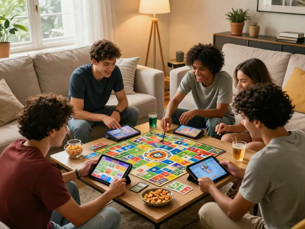 Engaged friends playing Rumble Rummy in a cozy living room filled with snacks and laughter.