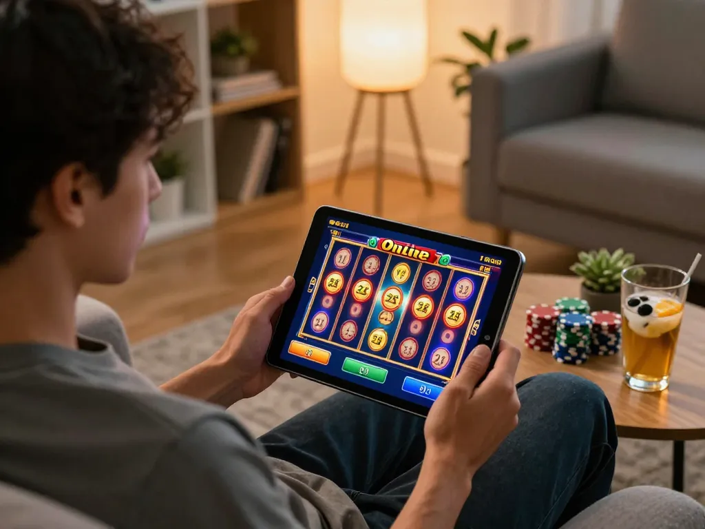 Player enjoying Slot Online gaming on tablet in a cozy living room setting.