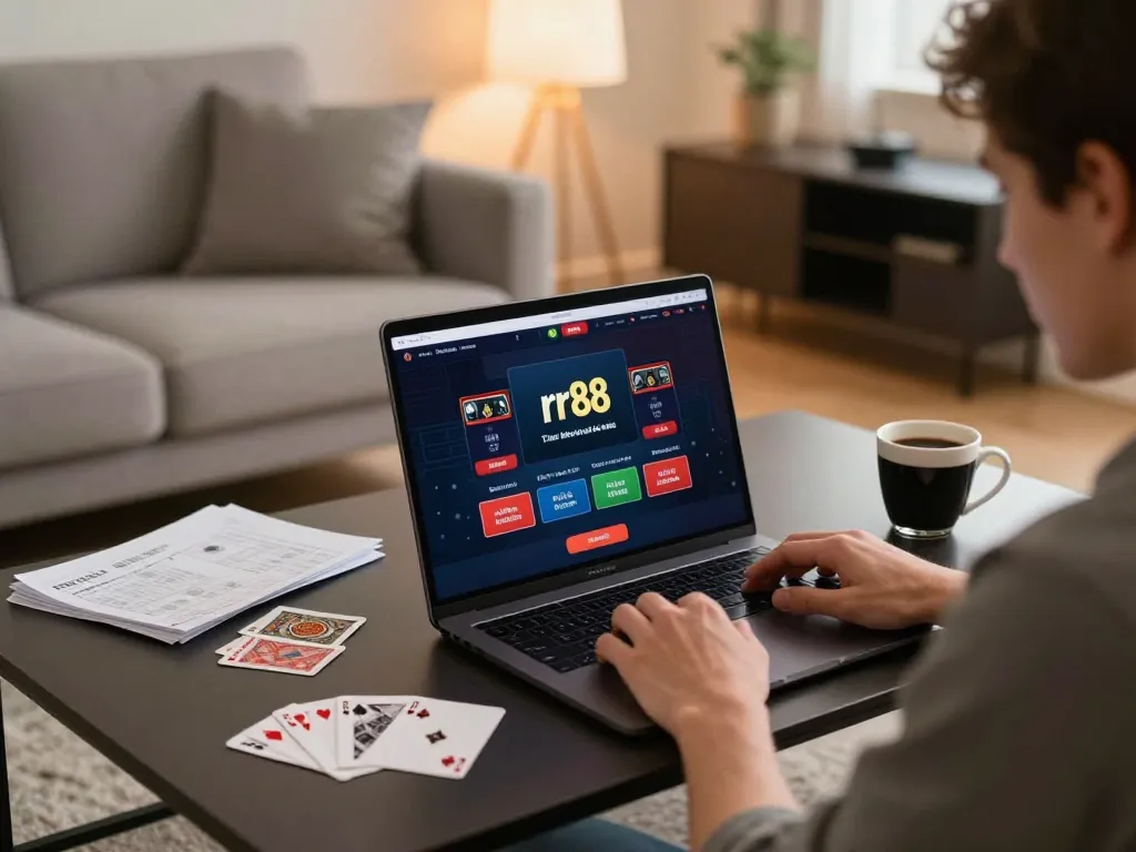 Engaging with rr88 online casino at home, displaying exciting betting options.