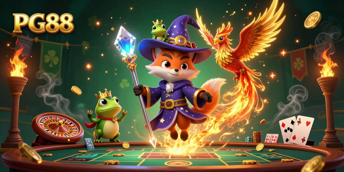 Experience exciting casino action at PG88 with the mystical wizard fox and phoenix in a vibrant, dynamic atmosphere.