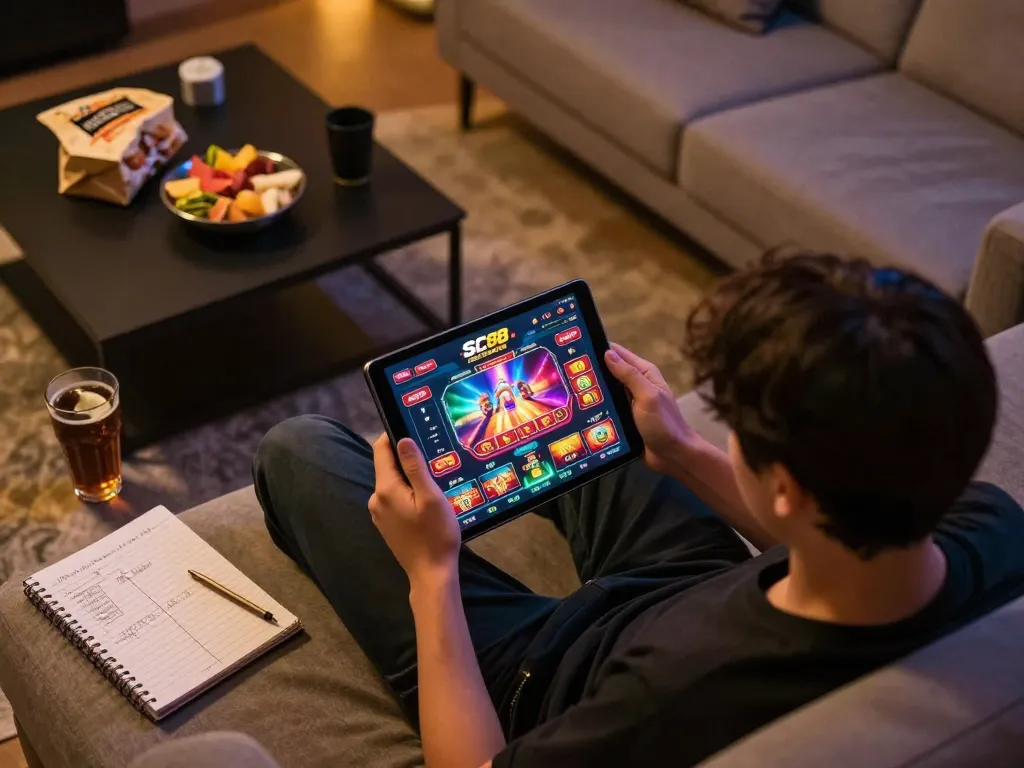 Engaging gameplay with SC88 BET app on tablet showcasing betting options in a cozy home setting.