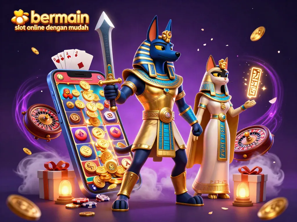 Rasakan sensasi bermain slot online dengan mudah melalui ilustrasi Anubis dan Bastet yang gamer-friendly.