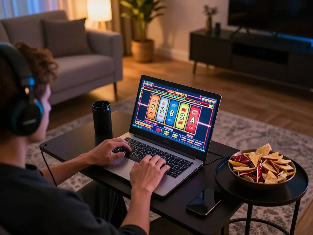 Person playing sultan casino slots on a laptop in a cozy home setup, showcasing a vibrant gaming atmosphere.