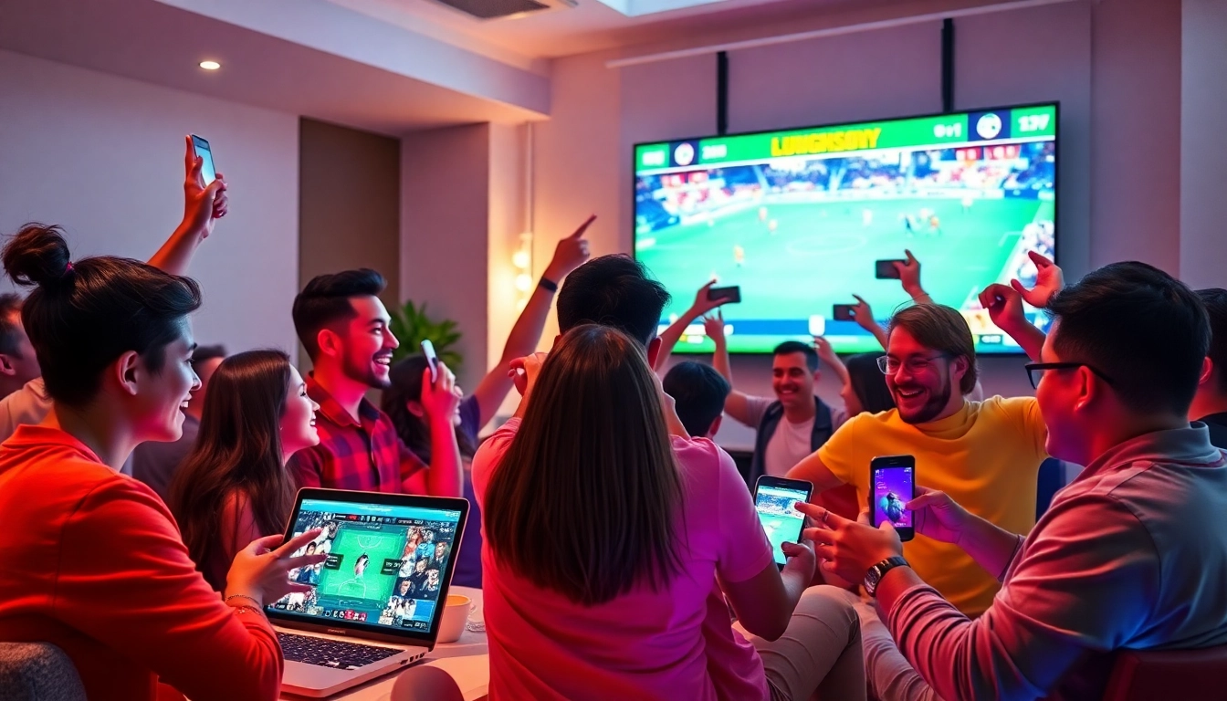 Fans enjoying a thrilling match on Luong Sơn TV, featuring vibrant atmosphere and multi-device streaming.