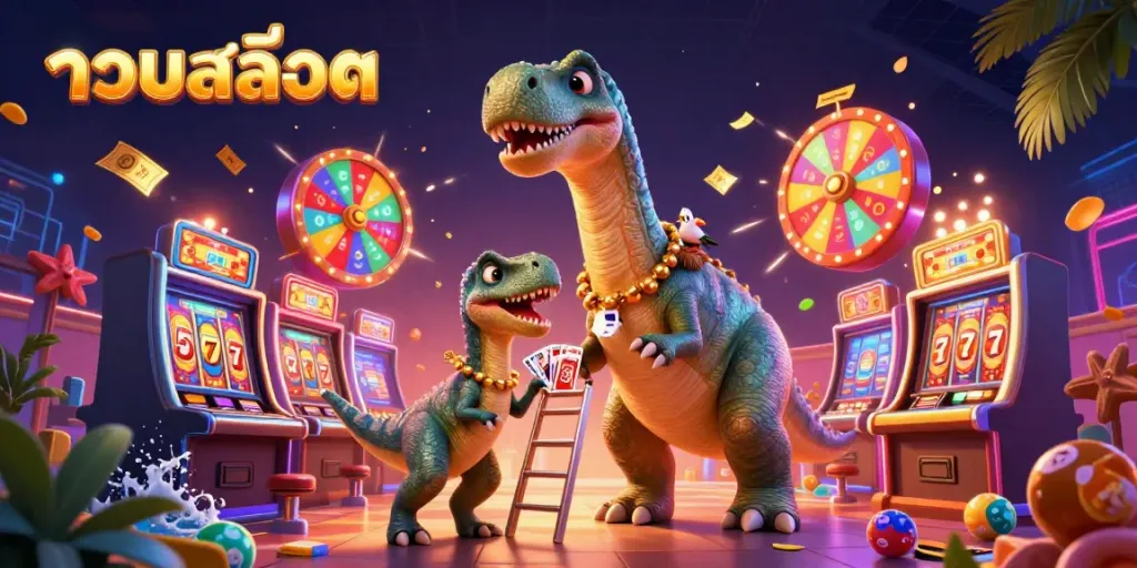Experience the thrilling world of รวมสล็อต with a vibrant 3D cartoon scene featuring a brontosaurus overseeing an exciting slot casino.