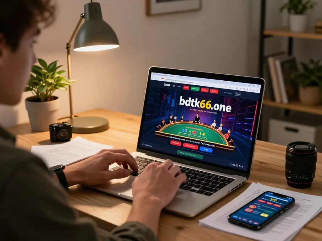 Player enjoying online gaming on bdtk66.one, laptop displaying a live dealer game.