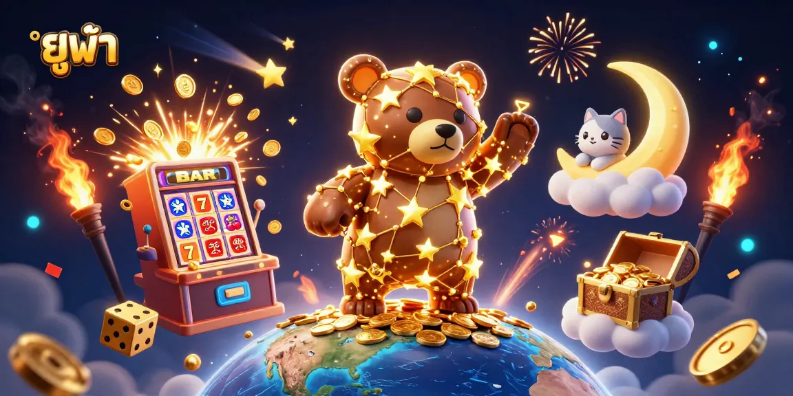 Experience the excitement of gaming with ยูฟ้า, featuring golden stars, coins, and vibrant casino elements.
