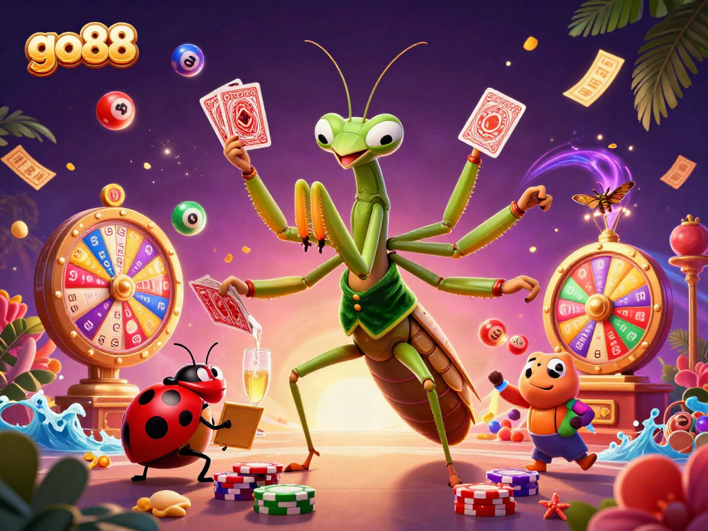 Experience the excitement of go88 with a vibrant casino scene featuring a giant mantis and ladybug characters.