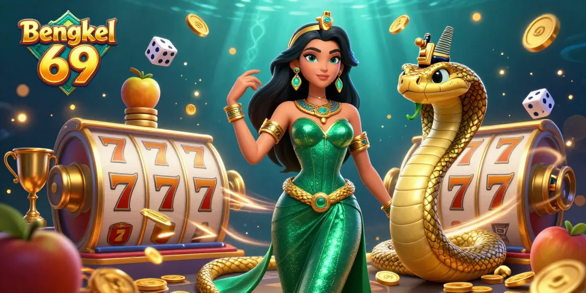 Bengkel 69 showcases a captivating illustration of a casino scene, featuring a stunning woman and golden cobra amidst spinning slot reels and vibrant symbols.