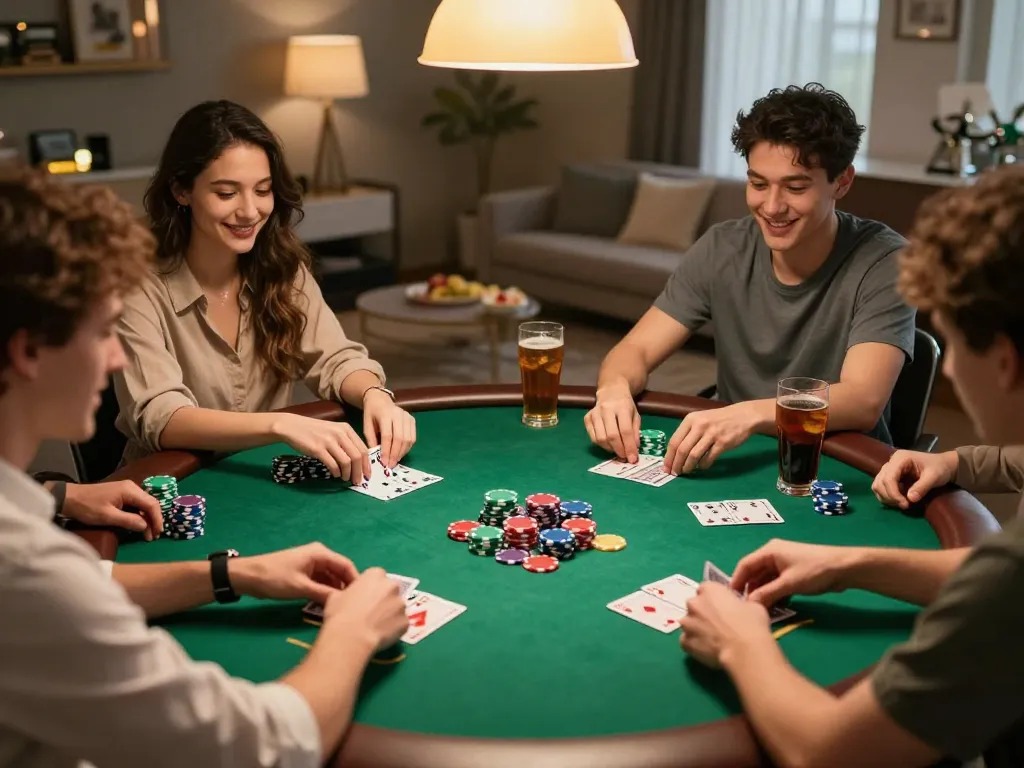 Friends enjoying a poker game at home, showcasing lively social interaction and strategic gameplay with 8live atmosphere.