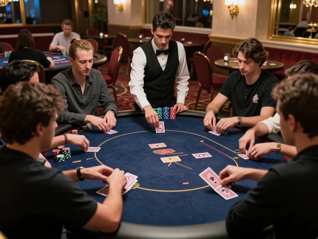 Pemain merencanakan strategi selama permainan poker yang intens di kasino, menunjukkan kegembiraan untuk turnamen mpi2121.
