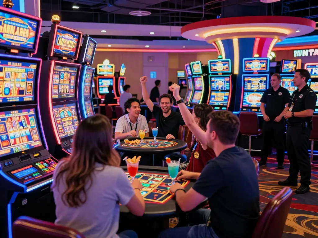 Akunjp casino scene with players at slot machines and vibrant lighting.