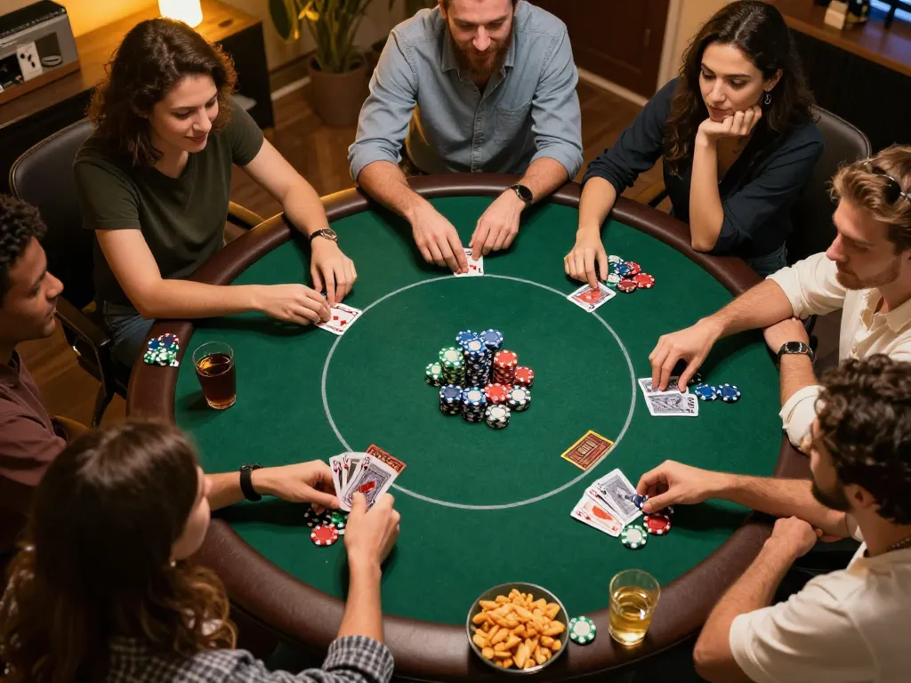 Jogoluck poker night with friends playing Texas Hold'em, colorful chips visible, warm ambiance promoting responsible gaming.