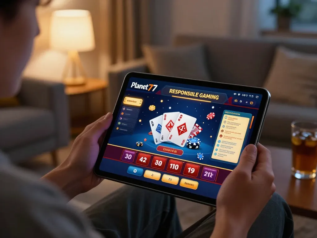 Terlibat dalam permainan online dengan Planet77 di tablet, dikelilingi oleh catatan strategi dan suasana yang nyaman.