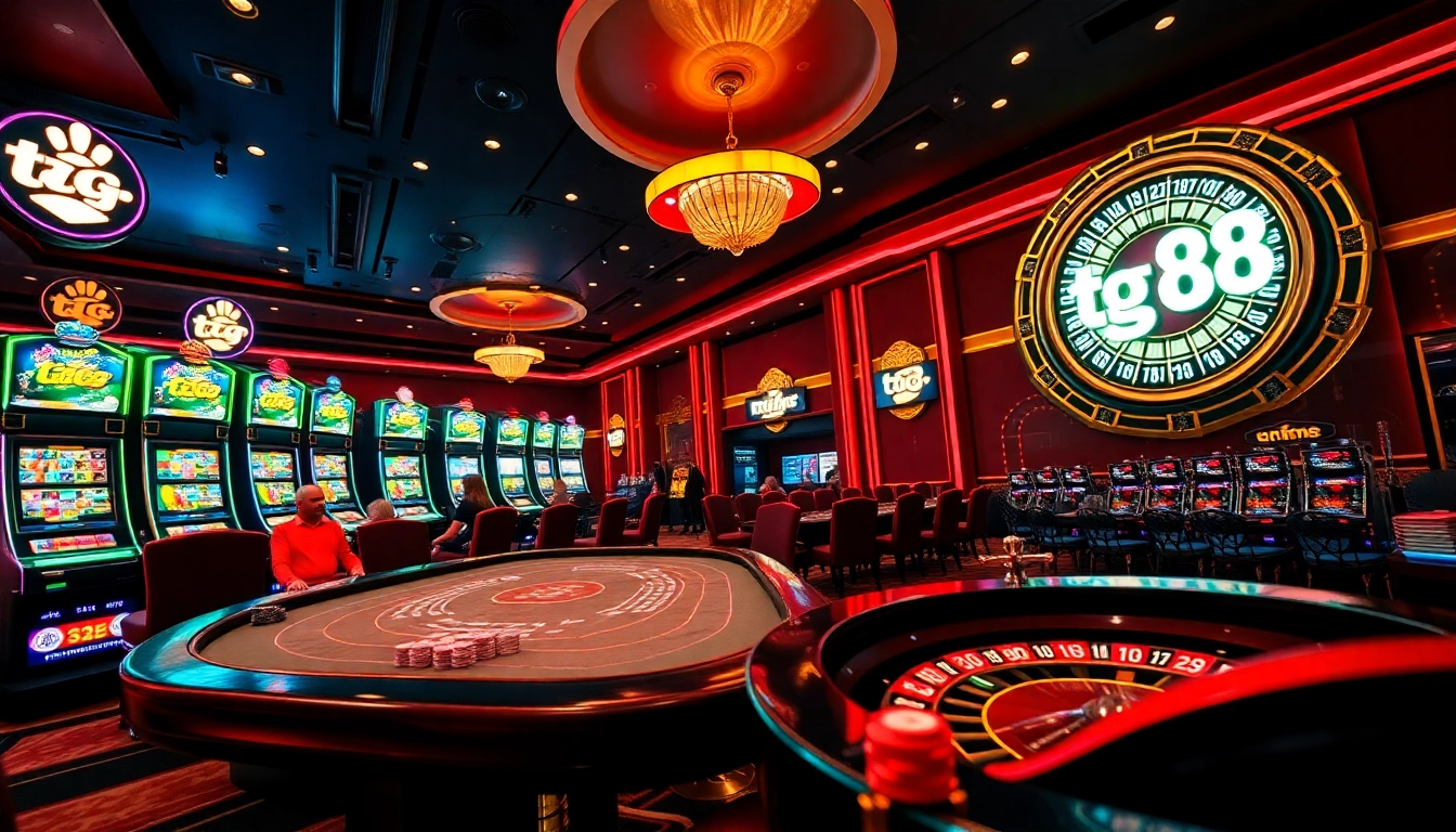 Exciting gambling scene at tg 88 casino featuring poker players and vibrant slot machines.