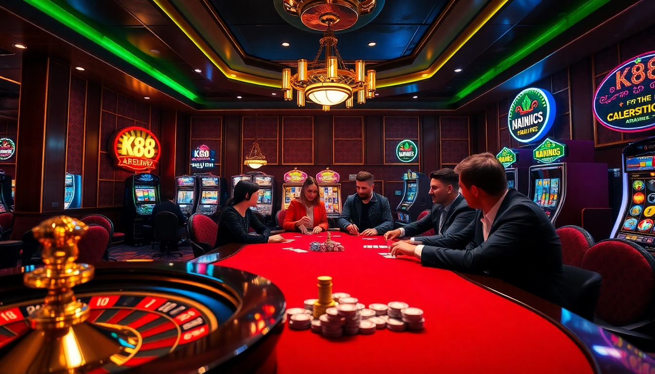 K88 casino scene with glamorous players at a poker table, showcasing excitement and luxury.