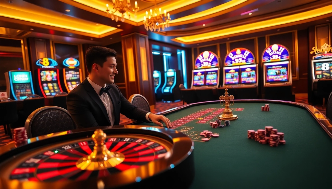 Experience the excitement of online gambling with link vào 88i at a vibrant casino setting featuring gaming tables and slot machines.
