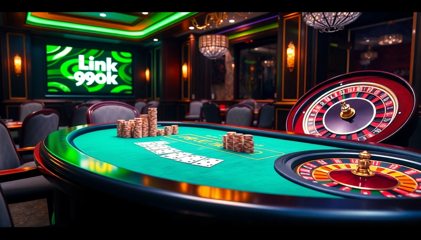 Experience the thrilling atmosphere of gambling with link 99ok at a luxurious poker table filled with chips and cards.
