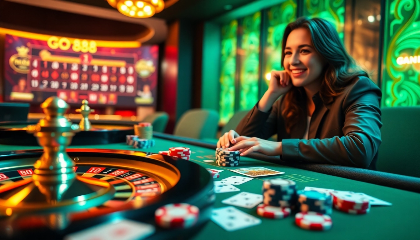 Experience high-stakes gaming at GO 88 with vibrant tables filled with poker chips and cards.