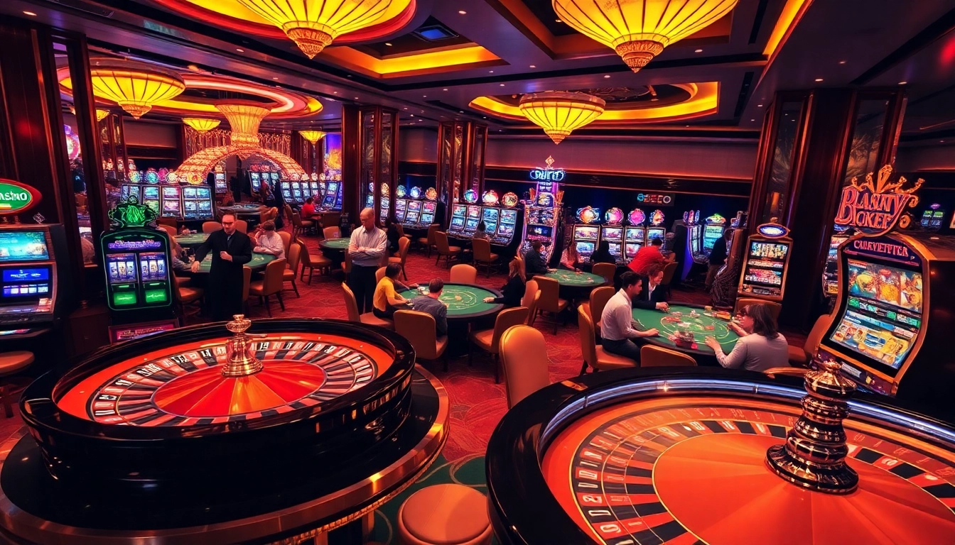SODO casino scene depicting players at tables and a spinning roulette wheel, showcasing excitement and luxury.