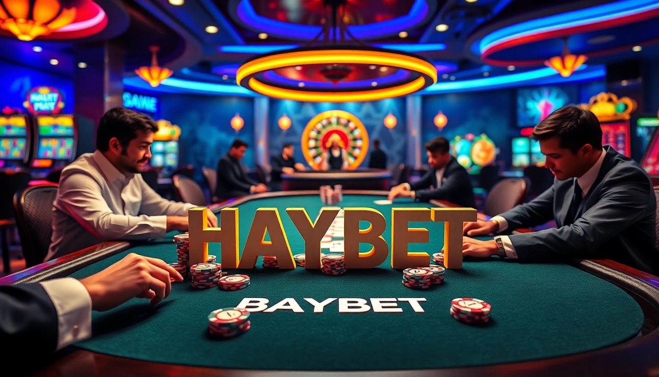 Players at a high-stakes poker table showcasing exclusive HAYBET chips and cards.