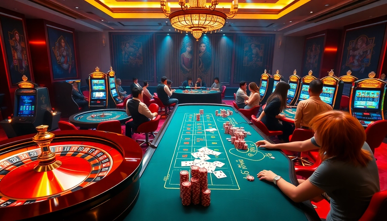 Players enjoying high-stakes games at qh88 casino tables, showcasing excitement and strategy.