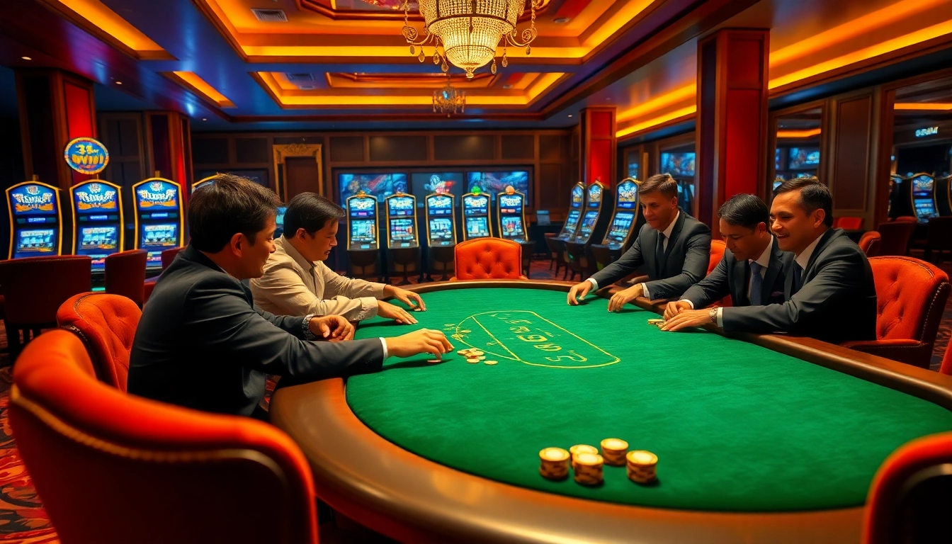 Players enjoying a thrilling poker game at 33win's luxurious casino setting.