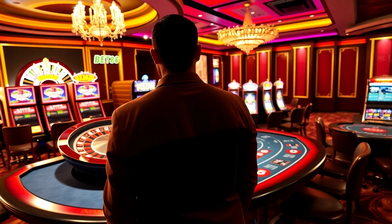 Experience the thrill of winning at BET88's luxurious casino tables with vibrant slot machines.