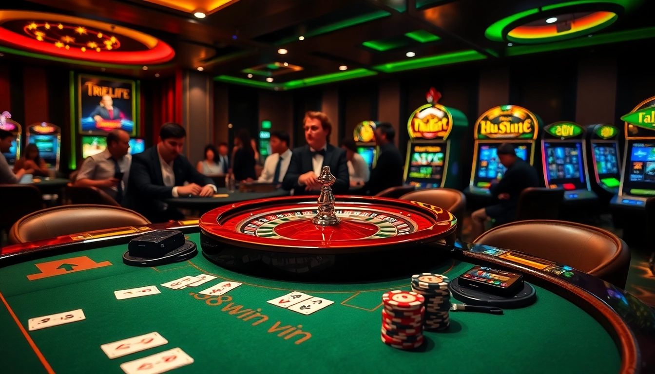 Exciting poker action at 98win vin casino with professional players, cards, and chips.