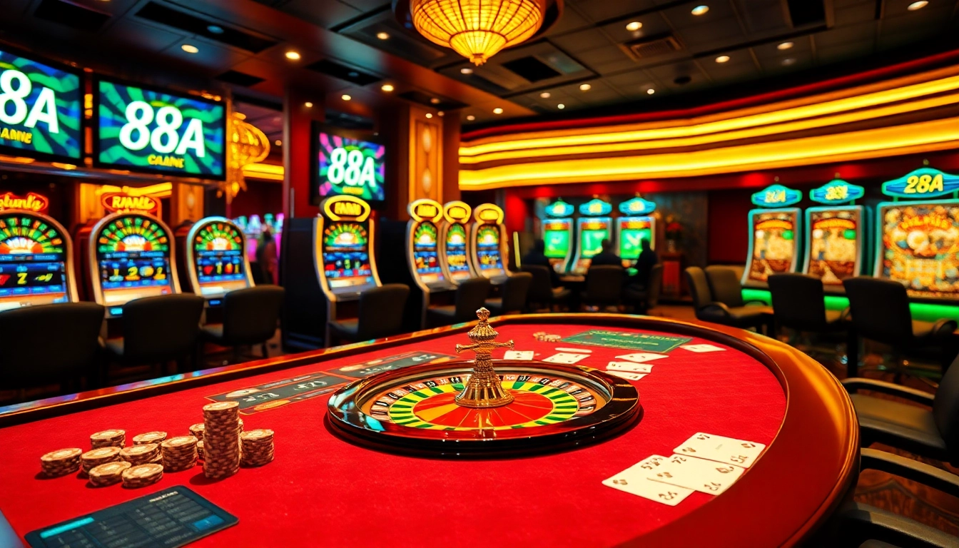 88aa casino ambiance featuring a luxury gaming table with vibrant roulette wheel and sophisticated chips