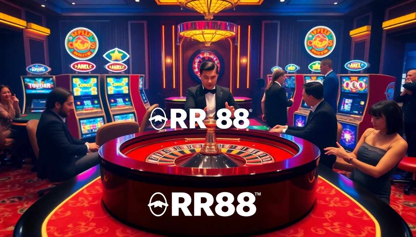 Experience thrill and excitement at the RR88 casino with poker chips and roulette.