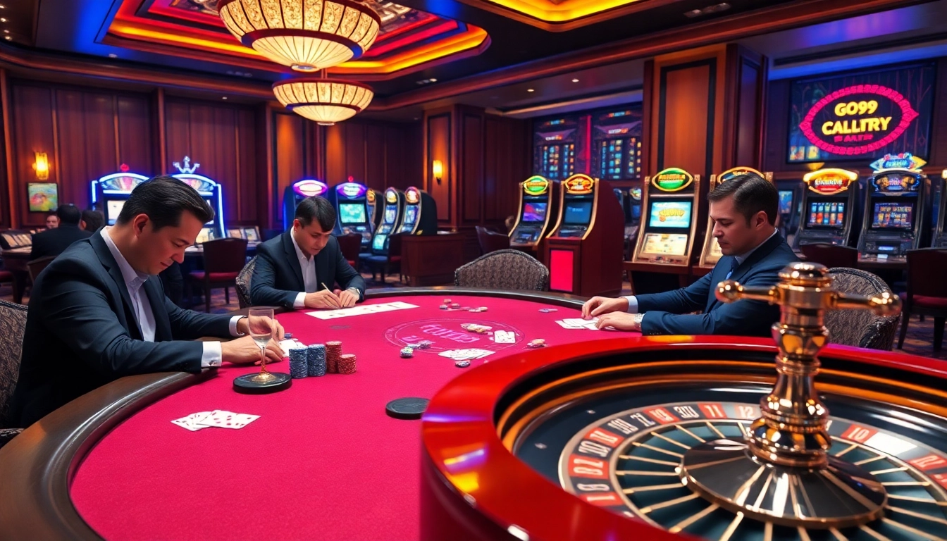GO99 casino gaming table with players and vibrant poker chips, showcasing excitement and professionalism.